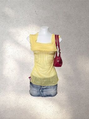 VTG Lily White Made in USA Yellow Swiss Dot Cami | Coquette Ruffle Mesh Top